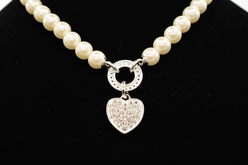 NVC Vintage Heart Necklace Collar Pendant Pearl Rhinestone Crystal Signed Bin3D